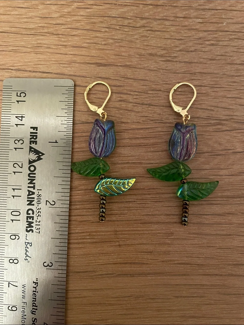 HAND CRAFTED CZECH GLASS TULIP EARRINGS Purple Blue Green Gold Brown